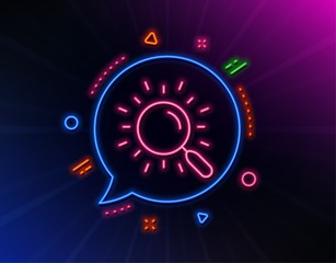 Search line icon. Neon laser lights. Find document sign. Magnify glass. Glow laser speech bubble. Neon lights chat bubble. Banner badge with search icon. Vector