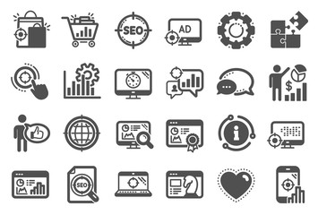 Seo icons. Set of Increase sales, Business Ad strategy and Website optimization icons. Puzzle, Web seo timer and Analytics increase graph. Search engine, Ad sales pie chart, like icon. Vector