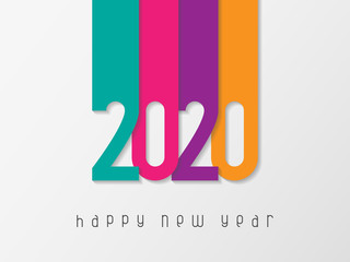 Happy New Year 2020 poster with numbers cut out of colored paper. Winter holidays greeting or invitation. Vector illustration on white background.