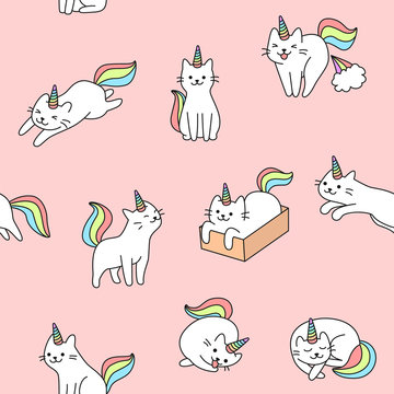 Seamless cute unicorn cat pattern illustration