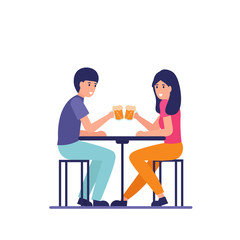 Guy and girl at the table with drink beer. Friendship relationship. Flat cartoon vector illustration.