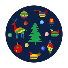 The icon is round - Christmas-tree decorations, deer, birds, balls on a dark blue background - vector. New Year.