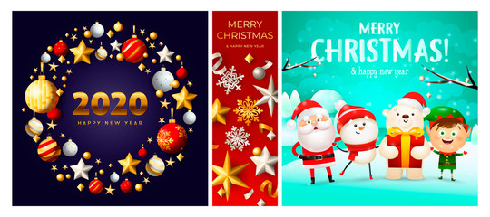 Merry Christmas red, blue, cyan banner set with wreath, animals