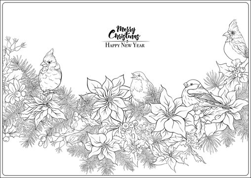 Christmas wreath of spruce, pine, poinsettia and winter birds. Coloring page for the adult coloring book. Outline hand drawing vector illustration