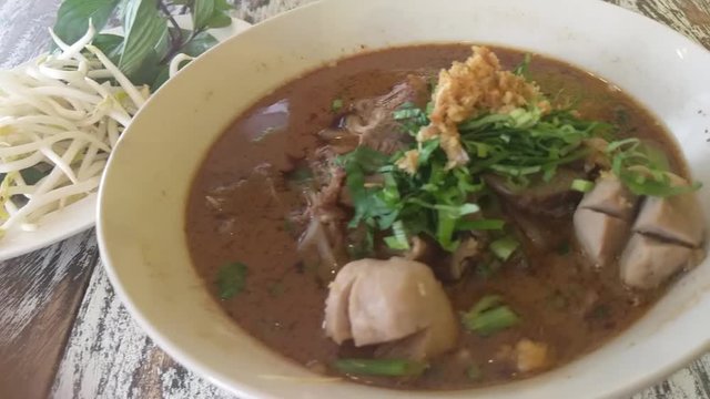 Asian delicatessen, beef noodles with soup.