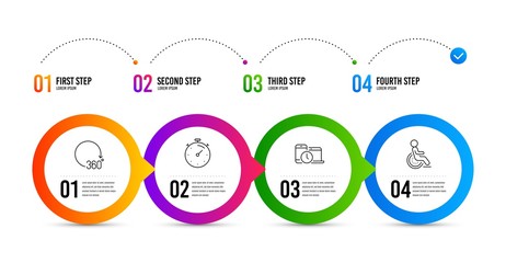 Timer, 360 degrees and Time management line icons set. Timeline infographic. Disability sign. Deadline management, Full rotation, Laptop device. Disabled person. Business set. Timer icon. Vector