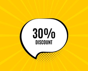 30% Discount. Chat speech bubble. Sale offer price sign. Special offer symbol. Yellow vector banner with bubble. Discount text. Chat badge. Colorful background. Vector