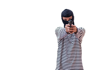 Portrait images of the robber Wearing a black robe covering the head, standing and holding a short gun Used in crimes On white isolated backgroung, to people and criminal concept.