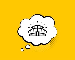 Sports stadium line icon. Comic speech bubble. Arena sign. Sport complex symbol. Yellow background with chat bubble. Sports stadium icon. Colorful banner. Vector