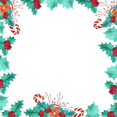 Bright festive watercolor illustration with decorative elements on the theme of Christmas and new year