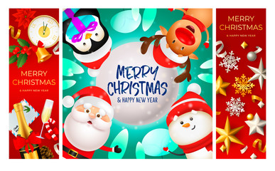 Merry Christmas red, cyan banner set with animals
