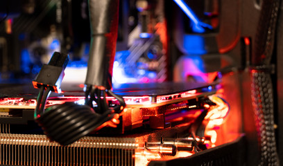 Graphics processing unit with neon light. LED Light, CPU Cooler. GPU radiator.