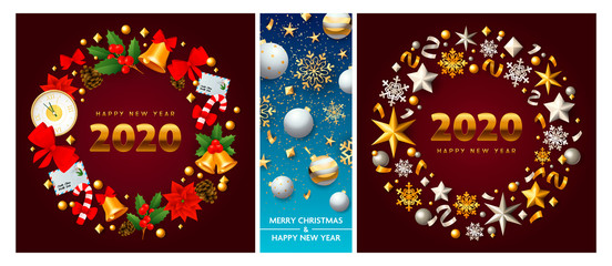 Merry Christmas vinous, blue banner set with wreath