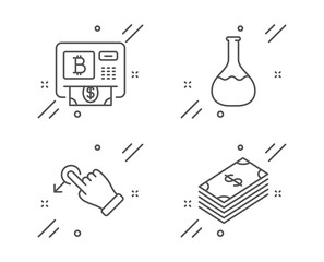 Chemistry lab, Drag drop and Bitcoin atm line icons set. Dollar sign. Laboratory, Move, Cryptocurrency change. Usd currency. Business set. Line chemistry lab outline icon. Vector