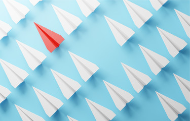 Illustration of leadership concept with red paper plane among white on blue background with small space for text