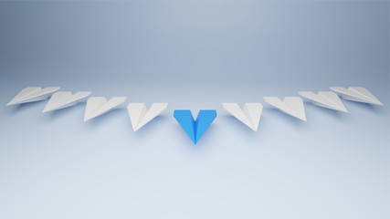  Illustration of leadership concept with blue paper plane leading among white