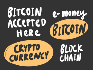 Bitcoin, money, crypto, block chain. Vector hand drawn sticker illustration with cartoon lettering. 