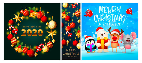 Merry Christmas green, blue banner set with wreath, animals