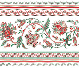 Seamless border with ethnic ornament elements and paisleys. Folk flowers and leaves for print or embroidery.