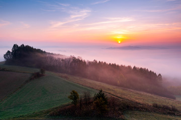 Sunrise Over Rural Landscape. Foggy Autumn Morning