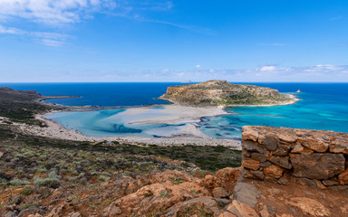 Panorama of Balos Lagoon and Gramvousa island on Crete island, Greece. 