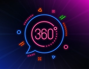 360 degrees line icon. Neon laser lights. VR simulation sign. Panoramic view symbol. Glow laser speech bubble. Neon lights chat bubble. Banner badge with 360 degrees icon. Vector