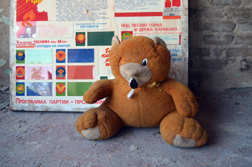 Teddy bear. Former Soviet kids camp.Ukraine gets rid of the consequences of communism. Ruins.  Kiev Region,Ukraine