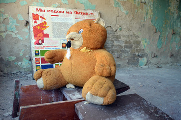 Teddy bear. Former Soviet kids camp.Ukraine gets rid of the consequences of communism. Ruins.  Kiev Region,Ukraine