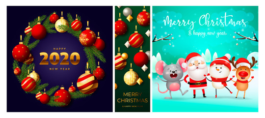 Merry Christmas blue, green banner set with wreath, animals