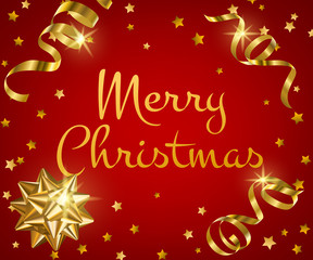 Naklejka premium Merry Christmas card with golden ribbons and gift bow on red background