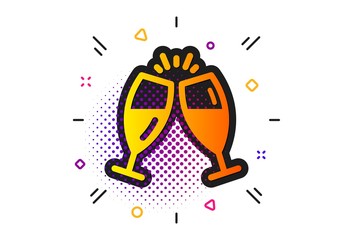Obraz premium Romantic celebration sign. Halftone circles pattern. Champagne glasses icon. Love chin-chin symbol. Classic flat champagne glasses icon. Vector