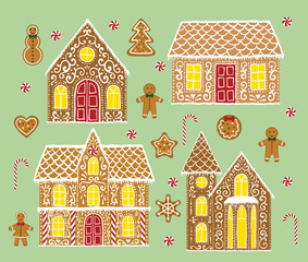 Christmas gingerbread set with gingerbread houses on green background