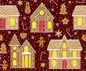 Christmas gingerbread seamless pattern with gingerbread houses on dark red background
