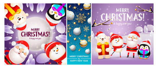 Merry Christmas violet, blue banner set with animals, Santa
