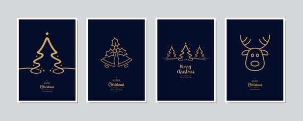 Merry Christmas modern card set elements greeting text lettering blue background vector. - obrazy, fototapety, plakaty