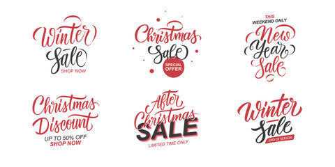 Fototapeta na wymiar Winter Sale and Christmas Sale promotional set. Winter Holidays season special offer templates with hand lettering for business, xmas shopping, discount promotion and advertising. Vector illustration.