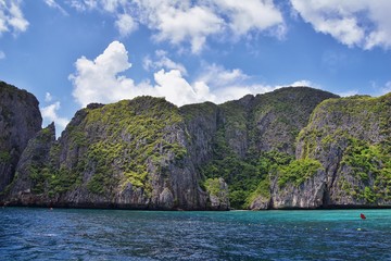 Island, Ocean views near Phuket Thailand with Blues, Turquoise and Greens oceans, mountains, boats,...