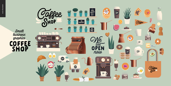 Coffee shop -small business illustrations -constructor set - modern flat vector concept illustration of various coffee cups and mugs, interior decoration, logo, pastry, coffee maker- constructor set