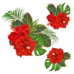 Bouquet with tropical flowers set floral arrangement with beautiful red hibiscus corrugated palm,philodendron and ficus vintage vector illustration  editable hand draw - obrazy, fototapety, plakaty