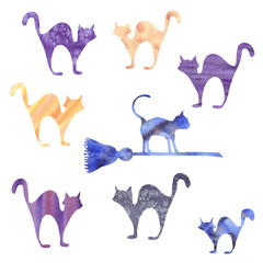 Set of multi-colored silhouettes of cats for the holiday Halloween.