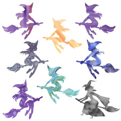 Set of multi-colored silhouettes of witches on a broomstick for the holiday Halloween.