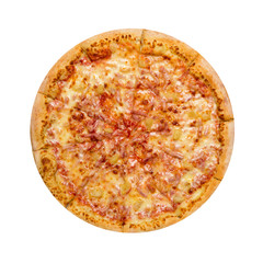 Hawaiian Pizza isolated on a white background. Pizza with meat, ham, pepper and pineapple. Top view.