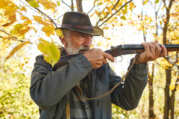 Accurate senior hunter holding rifle and waiting for prey, hunter shooting in autumn forest. Hunting season