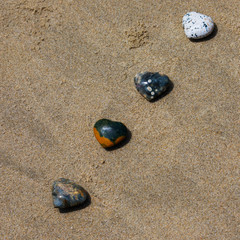 Four heart shaped hearts spread out in a line on the sand at the beach