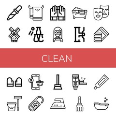 Set of clean icons such as Drop, Windmill, Beach towel, Bottle throw, Gloves, Maid, Hot tub, Water tap, Masks, Towels, Mop, Mobile, Do not disturb, Broom, Iron, Toothpaste , clean