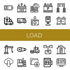 Set of load icons such as Battery, Loading, Lorry, Syncronization, Download, Pulley, Crane, Forklift, Download file, Pdf file, Load , load