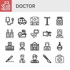 Set of doctor icons such as Medicine, Stethoscope, Ambulance, Hospital, Iv pole, Pills, Magnetic resonance, Bandage, Nurse, Clinic, Hospice, Paramedic, Pear Enema, Scalpel , doctor