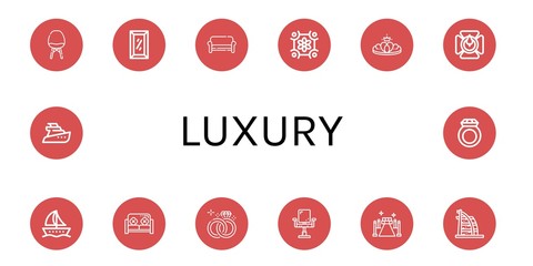 Set of luxury icons such as Chair, Full length mirror, Sofa, Floral design, Crown, Candle holder, Boat, Wedding ring, Red carpet, Burj al arab, Yatch, Ring , luxury