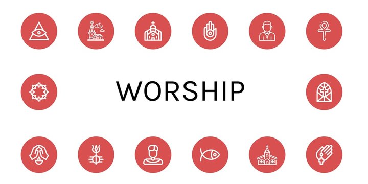 Set of worship icons such as God, Church, Jainism, Priest, Ankh, Prayer, Shiva, Christianity, Crown of thorns, Stained glass window , worship