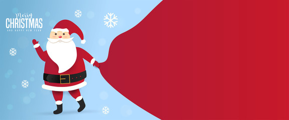 Santa Claus with a huge bag on the walk to delivery christmas gifts at snow fall.Merry Christmas text  Lettering Vector illustration.
